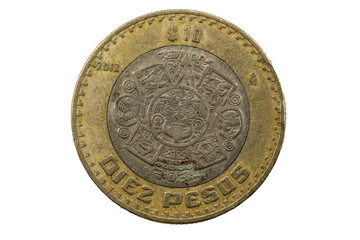 Moneda de 10 pesos mexicana con el calendario azteca 2012
