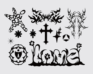 anti design cyber sigilism tribal element brutalism collage element shape asset acid poster, tattoo style, illustration vector creepy icon, symbol editable