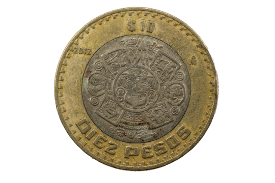 Moneda de 10 pesos mexicana con el calendario azteca 2012