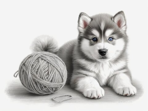 close-up, cute Alaskan malamute puppy with a ball of wool, black and white image, white background