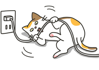 コードをかじる猫