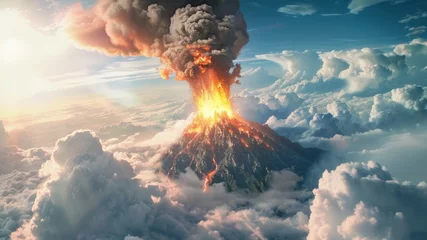 Fotobehang The top of mount olympus in Greek mythology erupting like a volcano releasing flames, smoke and debris into the sky as high as the clouds, high definition © Xabi