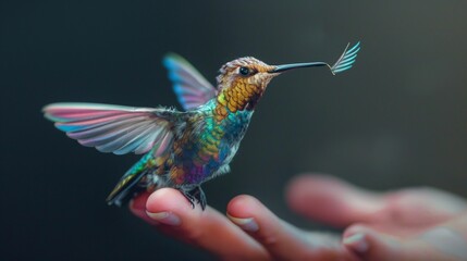 Fototapeta premium A tiny hummingbird with iridescent feathers hovering mid-air