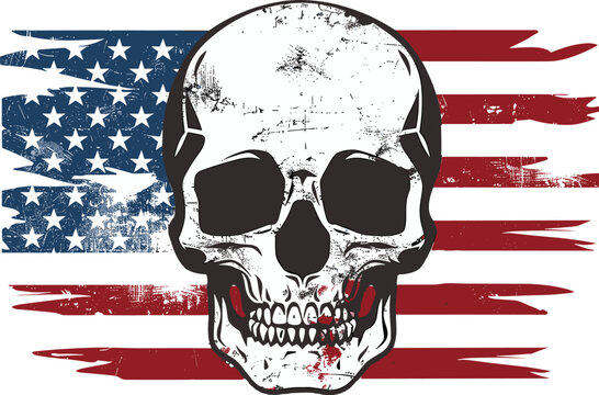Contemporary American emblem featuring colorful vector art with bold black lines on a white background, incorporating a skull into the modern design.