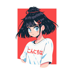 Vector portrait Illustration of an anime young girl with a ponytail wearing a T-shirt with Japanese text meaning "hello" on a red rectangle, print, postcard with a Japanese anime character girl.