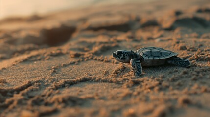 A tiny turtle hatchling making its way across the sand towards the ocean