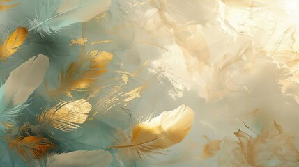 Abstract artistic vintage background with feathers and gold brushstrokes