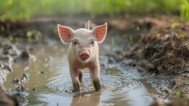 A tiny piglet frolicking in a muddy puddle, tail wagging happily
