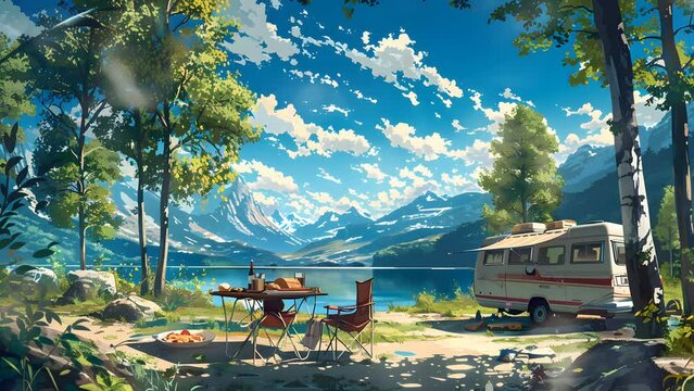 Serene painting capturing a camper nestled amidst majestic mountain peaks. Seamless Looping 4k Video Animation