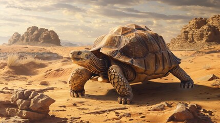 A wise old tortoise slowly making its way across a sun-baked desert landscape