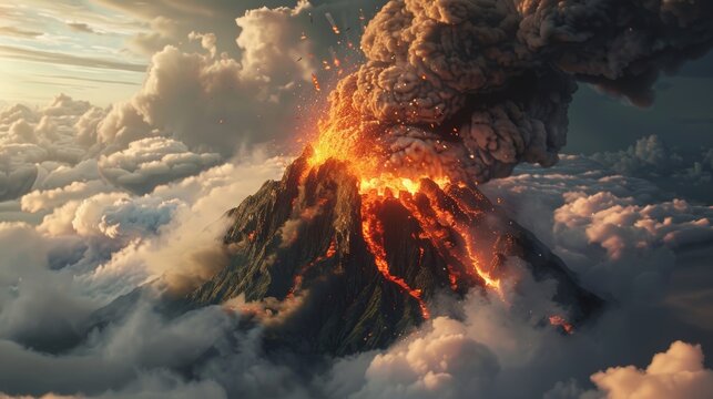 The top of mount olympus in Greek mythology erupting like a volcano releasing flames, smoke and debris into the sky as high as the clouds, high definition