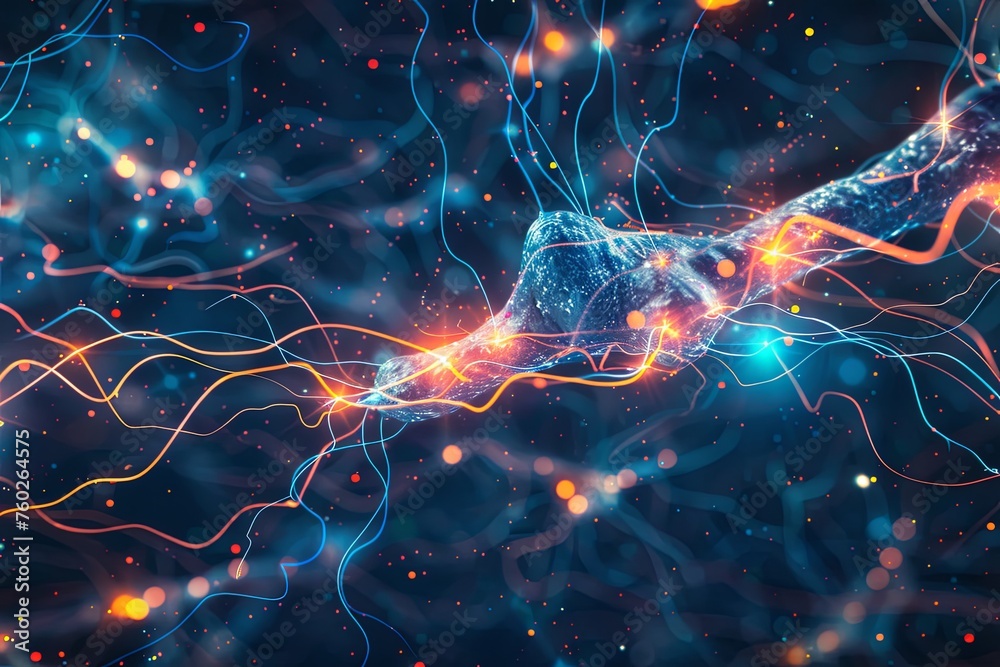 Poster Computer-generated network of lights resembling interconnected neurons firing in a futuristic display. Generative AI