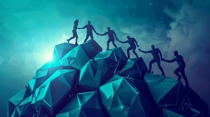 Abstract teamwork concept with stylized human figures collaborating to build a geometric structure, digital illustration