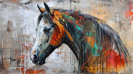 Contemporary abstract animal painting, textured metal background, expressive horse illustration, modern art