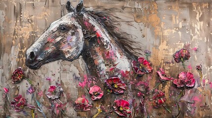 Contemporary abstract floral animal painting, textured metal background, expressive horse illustration, modern art