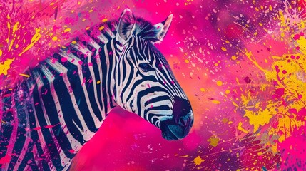 Energetic abstract zebra art, vibrant splattered paint background, dynamic digital illustration