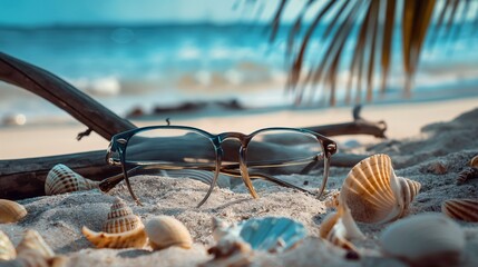 Glasses lying on a sandy beach, accompanied by seashells and driftwood - obrazy, fototapety, plakaty