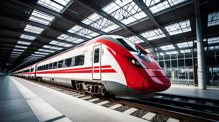 Fototapeta premium Rapid Movement: The DB (Deutsche Bahn) Train in a Modern Station Displaying Efficiency and Superior German Engineering