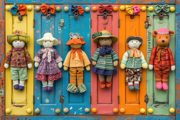 A selection of retro dolls and stuffed animals arranged in a whimsical display. - obrazy, fototapety, plakaty