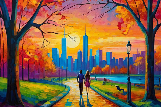 Bright and colorful cityscape view from city park. Couple walking, holding hands. Urban romance captured.