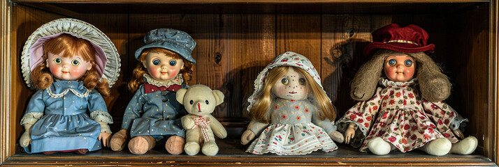 A selection of retro dolls and stuffed animals arranged in a whimsical display.