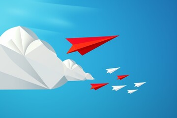 A red paper plane leading a formation of white planes, symbolizing innovation and unique direction in leadership