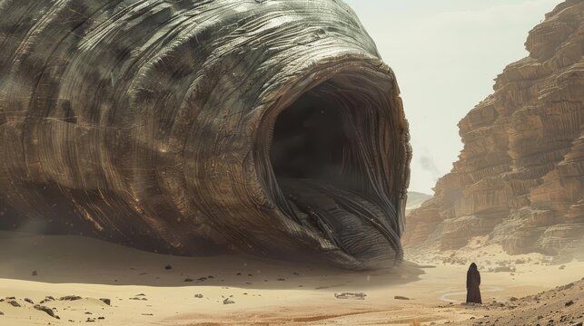 Giant sandworm rising from desert depths with tiny human figure for scale