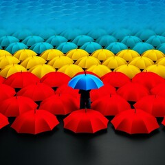 One colorful umbrella in a sea of black umbrellas, representing leadership in bringing change and color to the crowd