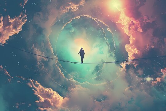 A man confidently walks across a tightrope suspended high in the sky. Generative AI