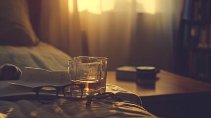 Glasses placed on a bedside table, signaling the end of a long day - obrazy, fototapety, plakaty