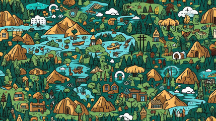 Forest and Mountain Tourist Pattern, Line Art Style