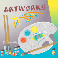 A set of painting tools on a blue yellow gradient background with artworks written on the canvas. Vector illustration.