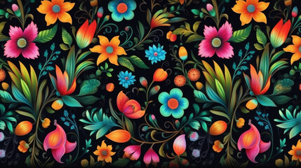 Traditional Mexican Floral Ornament on Dark Background - obrazy, fototapety, plakaty