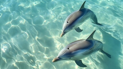 A pair of graceful dolphins swimming gracefully through crystal clear ocean waters