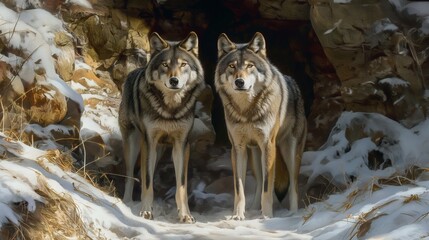 A pair of majestic wolves standing guard at the entrance to their den
