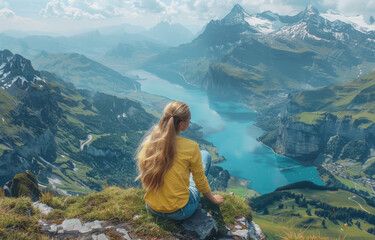 A girl sits on the edge of an alpine mountain and looks at the beautiful landscape with lakes, mountains and green meadows