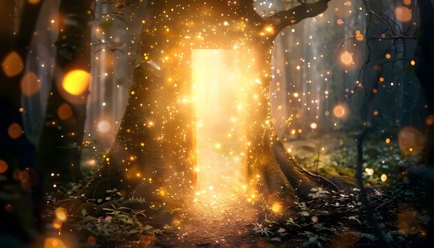 A magical door in the forest with bright glowing gold lights and sparkles