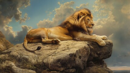 A regal lion reclining on a rocky outcrop, surveying its kingdom with pride