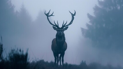 A regal stag standing proudly amidst a misty forest, antlers reaching towards the sky