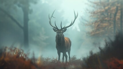 A regal stag standing proudly amidst a misty forest, antlers reaching towards the sky