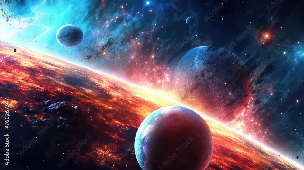 Wall mural galaxies adorned with bright stars and orbiting planets