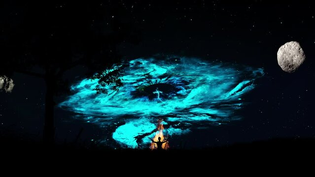 A mystical man, emitting many lightning bolts, flies from space from a beautiful nebula to the ground towards a man meditating near a fire in nature. Concept of God, religion, angels. 4k animation.