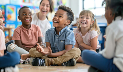 A group of multiethnic children sitting on the floor in an elementary school classroom, laughing...