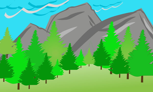 vector illustration of a beautiful natural landscape with trees surrounding a mountain under a blue sky