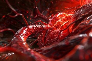 A detailed 3D visualization of thickened arteries and veins highlighting coronary heart disease and high cholesterol levels - obrazy, fototapety, plakaty