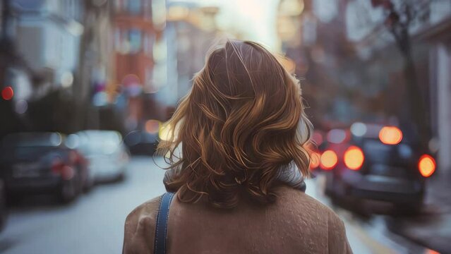 Rear view of a woman with long wavy hair in the city