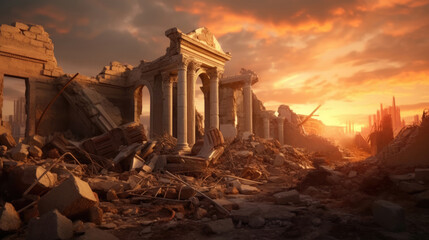 Fototapeta premium Sunset Over Earthquake-Damaged Ruins