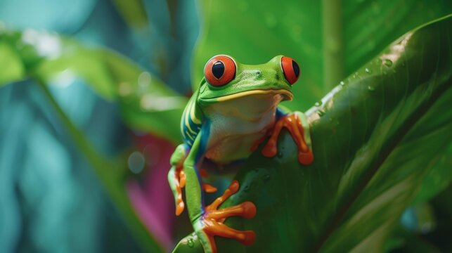 Vivid Red-Eyed Tree Frog Perching On Lush Green Leaf, Tropical Rainforest Ambiance, Wildlife Photography, Vibrant Colors: Exotic Fauna, Lush Foliage, Breathtaking Nature, Vibrant Wildlife