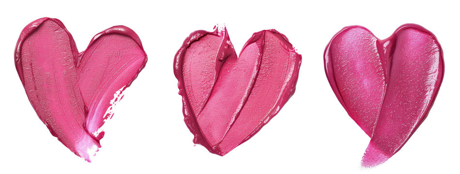 Pink lipstick shimmering texture in heart shape, texture stroke isolated on white background. Cosmetic product smear smudge swatch