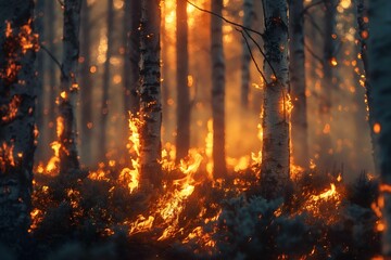 A birch forest on fire, the burning trees and grass in flames. Orange and red hues against black night sky. Large scale natural disaster. Night sky. Fiery landscape